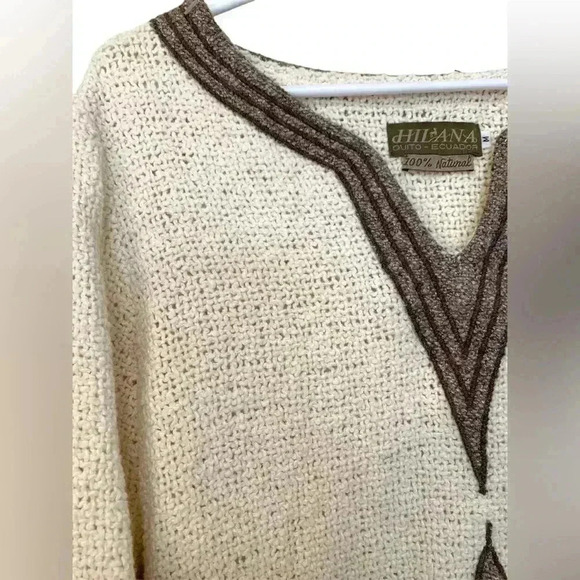 Hilana rough weave ivory tunic with brown on brown trim, 50%, wool,  50% cotton - Picture 3 of 9